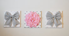 Load image into Gallery viewer, Set of Three Large Gray Bows and Light Pink Dahlia on Polka Dot Canvases - Daisy Manor
