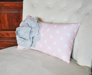 Decorative Lumbar Pillow Gray Dahlia on Light Pink and White Polka Dot Lumbar Pillow 9 x 16 - Daisy Manor