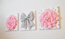 Load image into Gallery viewer, Three Light Pink Dahlias and Gray Bow on Polka Dot Canvases - Daisy Manor
