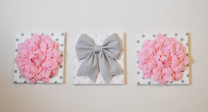 Three Light Pink Dahlias and Gray Bow on Polka Dot Canvases - Daisy Manor