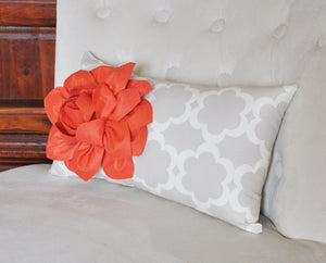Lumbar Pillow Coral Dahlia on Neutral Gray Tarika Lumbar Pillow 9 x 16 - Daisy Manor