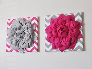 TWO Mix and Match Hot Pink and Gray Dahlia Chevron Canvas Set - Daisy Manor