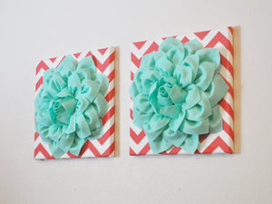 Two Wall Flowers -Mint Dahlia Flowers on Coral and White Chevron 12 x12" Canvas Wall Art- Baby Nursery Wall Decor- - Daisy Manor