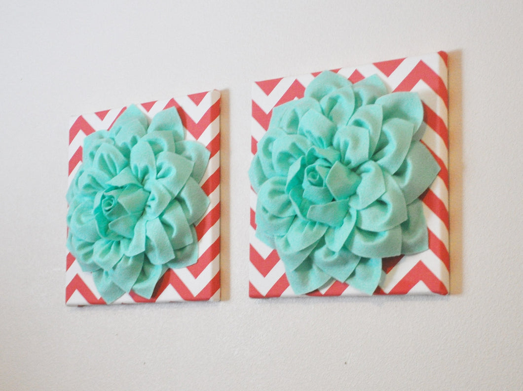 Two Wall Flowers -Mint Dahlia Flowers on Coral and White Chevron 12 x12