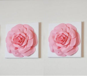 Two Wall Hangings -Light Pink Roses on White 12 x12" Canvases Wall Art- Baby Nursery Wall Decor- - Daisy Manor