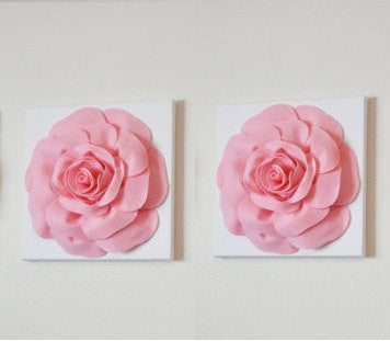 Two Wall Hangings -Light Pink Roses on White 12 x12