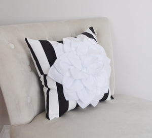 White Dahlia Flower on Black and White Stripe Pillow - Daisy Manor