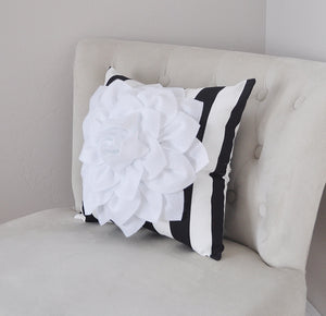 White Dahlia Flower on Black and White Stripe Pillow - Daisy Manor