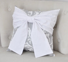 Load image into Gallery viewer, Throw Pillow White Bow on a Gray and White Damask Pillow 14x14 -White Pillow- - Daisy Manor
