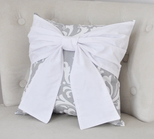 Throw Pillow White Bow on a Gray and White Damask Pillow 14x14 -White Pillow- - Daisy Manor