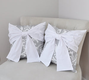 Throw Pillow White Bow on a Gray and White Damask Pillow 14x14 -White Pillow- - Daisy Manor