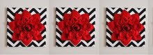 Load image into Gallery viewer, Three Red Wall Flowers -Red Dahlias on Black and White Chevron 12 x12&quot; Canvases Wall Art- Baby Nursery Wall Decor- - Daisy Manor
