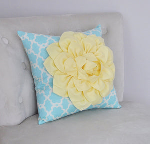 Light Yellow Dahlia Flower on Aqua Blue Tarika Pillow Accent Pillow Throw Pillow Toss Pillow - Daisy Manor