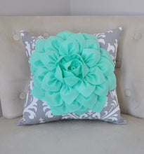 Load image into Gallery viewer, Mint Green Dahlia on Gray Damask Pillow - Decorative Pillow - Ozborne Pillow - - Daisy Manor
