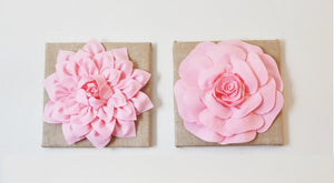 Two Wall Flowers Light Pink Dahlia and Light Pink Rose on Burlap 12 x12" Canvas Wall Art- Rustic Home Decor- - Daisy Manor