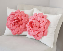 Load image into Gallery viewer, Light Coral Dahlia Felt Flower on Ivory Pillow - Pick your Colors - Pink Coral Flower Pillow - Daisy Manor
