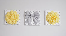 Load image into Gallery viewer, Three Light Yellow Dahlias and Gray Bow on Polka Dot Canvases - Daisy Manor
