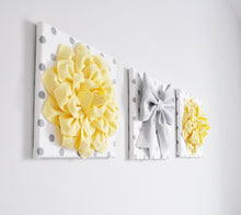 Load image into Gallery viewer, Three Light Yellow Dahlias and Gray Bow on Polka Dot Canvases - Daisy Manor
