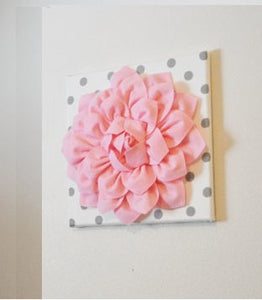 Wall Flower -Light Pink Dahlia on White with Gray Polka Dot 12 x12" Canvas Wall Art- Baby Nursery Wall Decor- - Daisy Manor