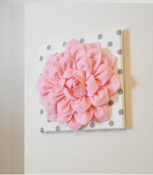 Wall Flower -Light Pink Dahlia on White with Gray Polka Dot 12 x12