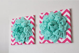 Two Wall Flowers -Mint Dahlia Flowers on Hot Pink and White Chevron 12 x12" Canvas Wall Art- Baby Nursery Wall Decor- - Daisy Manor