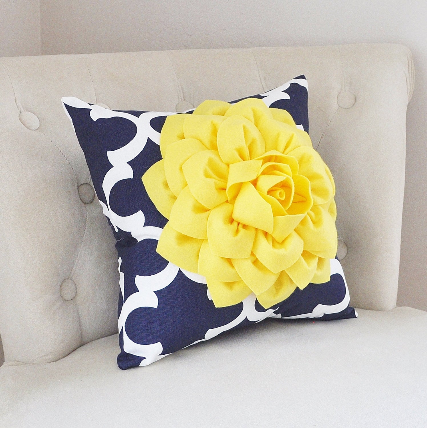 Pillows Decorative Bright Yellow Dahlia on Navy and White Moroccan Pillow Throw Pillow Decorative Pillows