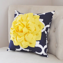 Load image into Gallery viewer, Pillows Decorative - Bright Yellow Dahlia on Navy and White Moroccan Pillow -  Throw Pillow - Decorative Pillows - Daisy Manor
