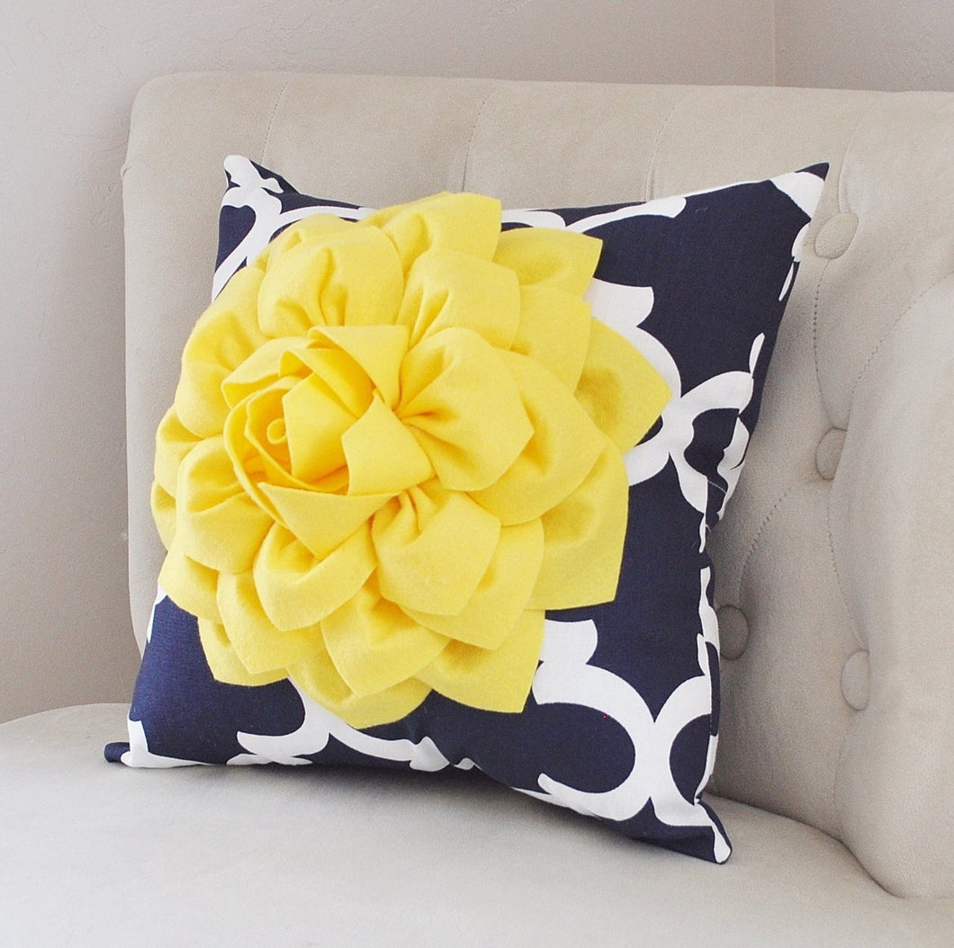Pillows Decorative - Bright Yellow Dahlia on Navy and White Moroccan Pillow -  Throw Pillow - Decorative Pillows - Daisy Manor