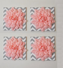 Load image into Gallery viewer, Wall Decor -Set Of Four Light Pink Dahlias on Gray and White Chevron 12 x12&quot; Canvases Wall Art- 3D Felt Flower - Daisy Manor
