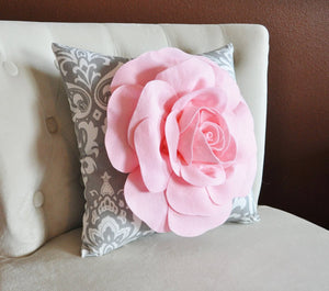 TWO Light Pink Roses on Gray and White Damask Canvases Wall Art - Daisy Manor