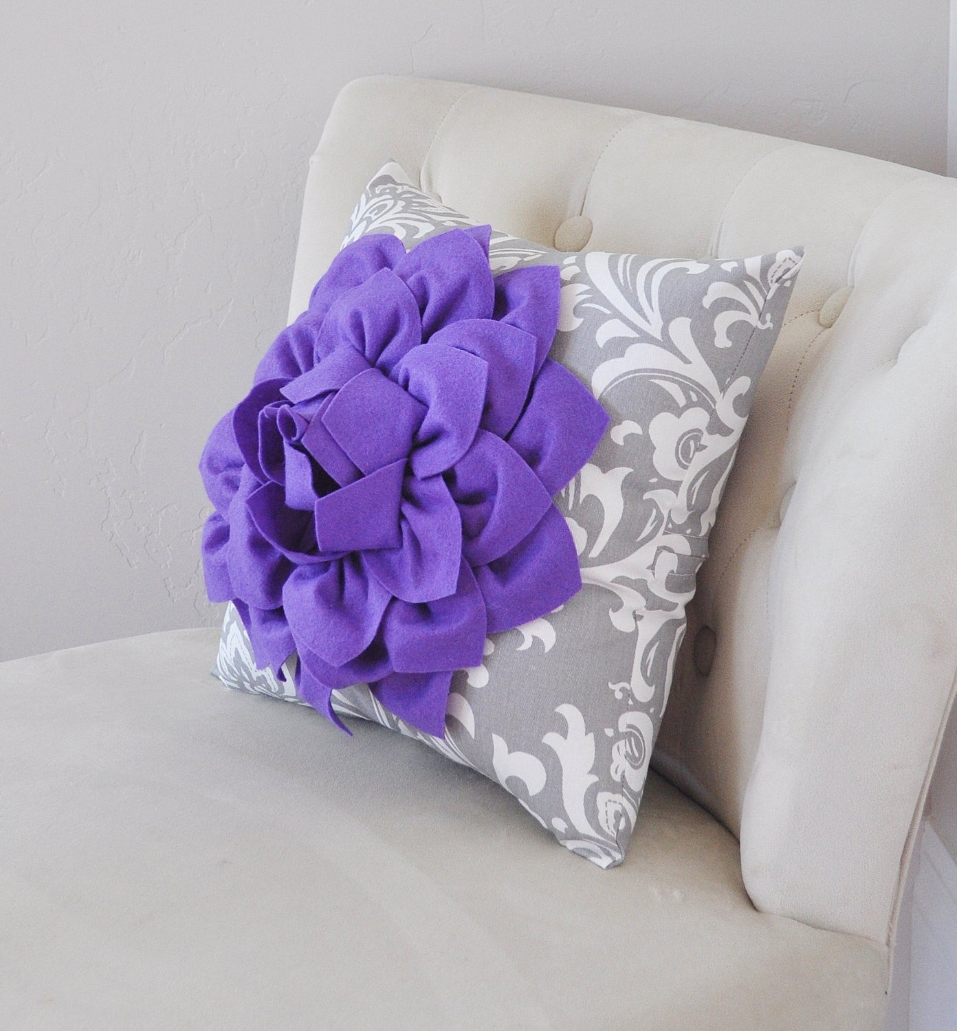 lavender flower pillow Pillows---Lavender Dahlia Flower, Gray Damask, Gift for Her, Unique Pi – Daisy Manor