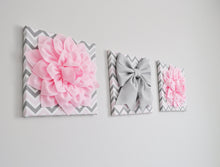 Load image into Gallery viewer, Set of Three Large Light Pink Dahlias and Gray Bow on Pink and Gray Chevron Canvases - Daisy Manor
