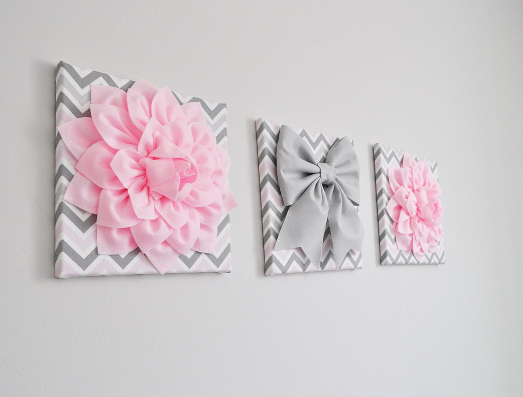 Set of Three Large Light Pink Dahlias and Gray Bow on Pink and Gray Chevron Canvases - Daisy Manor