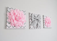 Load image into Gallery viewer, Set of Three Large Light Pink Dahlias and Gray Bow on Pink and Gray Chevron Canvases - Daisy Manor
