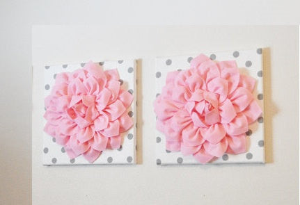 Two Wall Flowers -Light Pink Dahlia on White with Grey Polka Dots 12 x12