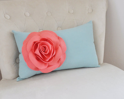 Light Coral Rose on Dusty Blue Lumbar Pillow -Decorative Pillow- - Daisy Manor