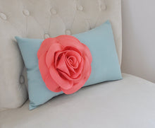 Load image into Gallery viewer, Light Coral Rose on Dusty Blue Lumbar Pillow -Decorative Pillow- - Daisy Manor
