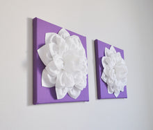 Load image into Gallery viewer, Two Large Flower Wall Hangings - White Dahlias on Lavender 12 x 12 Canvases - Daisy Manor

