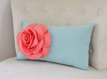 Load image into Gallery viewer, Light Coral Rose on Dusty Blue Lumbar Pillow -Decorative Pillow- - Daisy Manor
