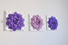 Load image into Gallery viewer, Wall Art -Set of Three Lavender and Lilac Dahlias White with Gray Polka Dot 12 x12&quot; Canvas Wall Art - 3D Felt Flower - Daisy Manor
