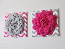 Load image into Gallery viewer, Wall Flower -Hot Pink Dahlia on Gray and White Chevron 12 x12&quot; Canvas Wall Art- Baby Nursery Wall Decor- - Daisy Manor
