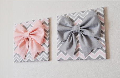 Set of Two Large Light Pink Bow and Large Grey Bow on Gray and White Chevron 12 x12