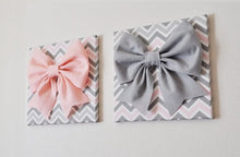 Load image into Gallery viewer, Set of Two Large Light Pink Bow and Large Grey Bow on Gray and White Chevron 12 x12&quot; Canvas Wall Art- Baby Nursery Wall Dec - Daisy Manor
