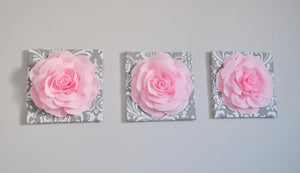 Trio Canvas Set Light Pink Roses on Gray and White Damask art Picture Decor for Bedroom - Daisy Manor