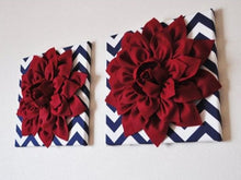 Load image into Gallery viewer, Cranberry Red Dahlia on Navy and White Chevron - Daisy Manor
