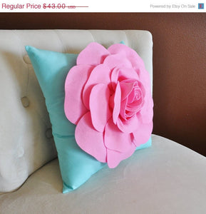 Throw Pillow Pink Rose on Bright Aqua Pillow 16 x 16 - Daisy Manor