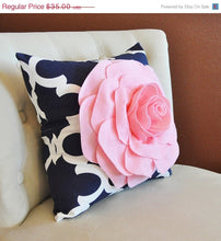 Load image into Gallery viewer, Light Pink Rose on Navy and White Moroccan Print Pillow -Moroccan Decorative Pillow- - Daisy Manor
