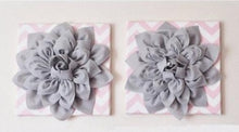 Load image into Gallery viewer, Two Flower Wall Decor -Gray Dahlias on Light Pink and White Chevron 12 x12&quot; Canvases Wall Art- Baby Nursery Wall Decor- - Daisy Manor
