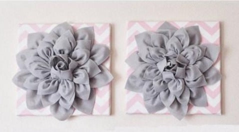 Two Flower Wall Decor -Gray Dahlias on Light Pink and White Chevron 12 x12