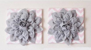 Two Flower Wall Decor -Gray Dahlias on Light Pink and White Chevron 12 x12" Canvases Wall Art- Baby Nursery Wall Decor- - Daisy Manor